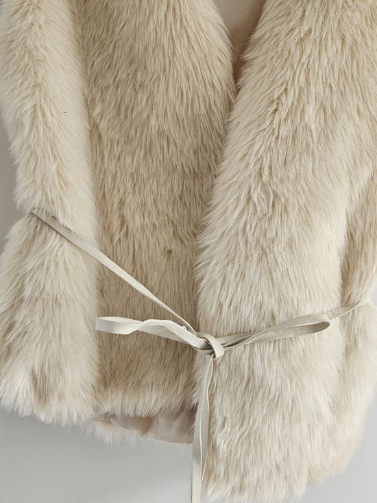 Love Tree Faux Fur Cream Vest With Tie Waist Size Small - Picture 2 of 4